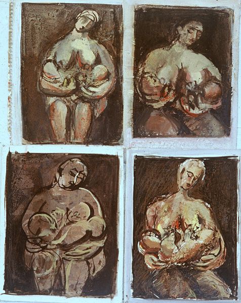 Women. Studies
 with acrylic on paper 75 X 55. Kourotrofos, Paolo Orsi Museum, Syracuse, 6th cent. b.C.